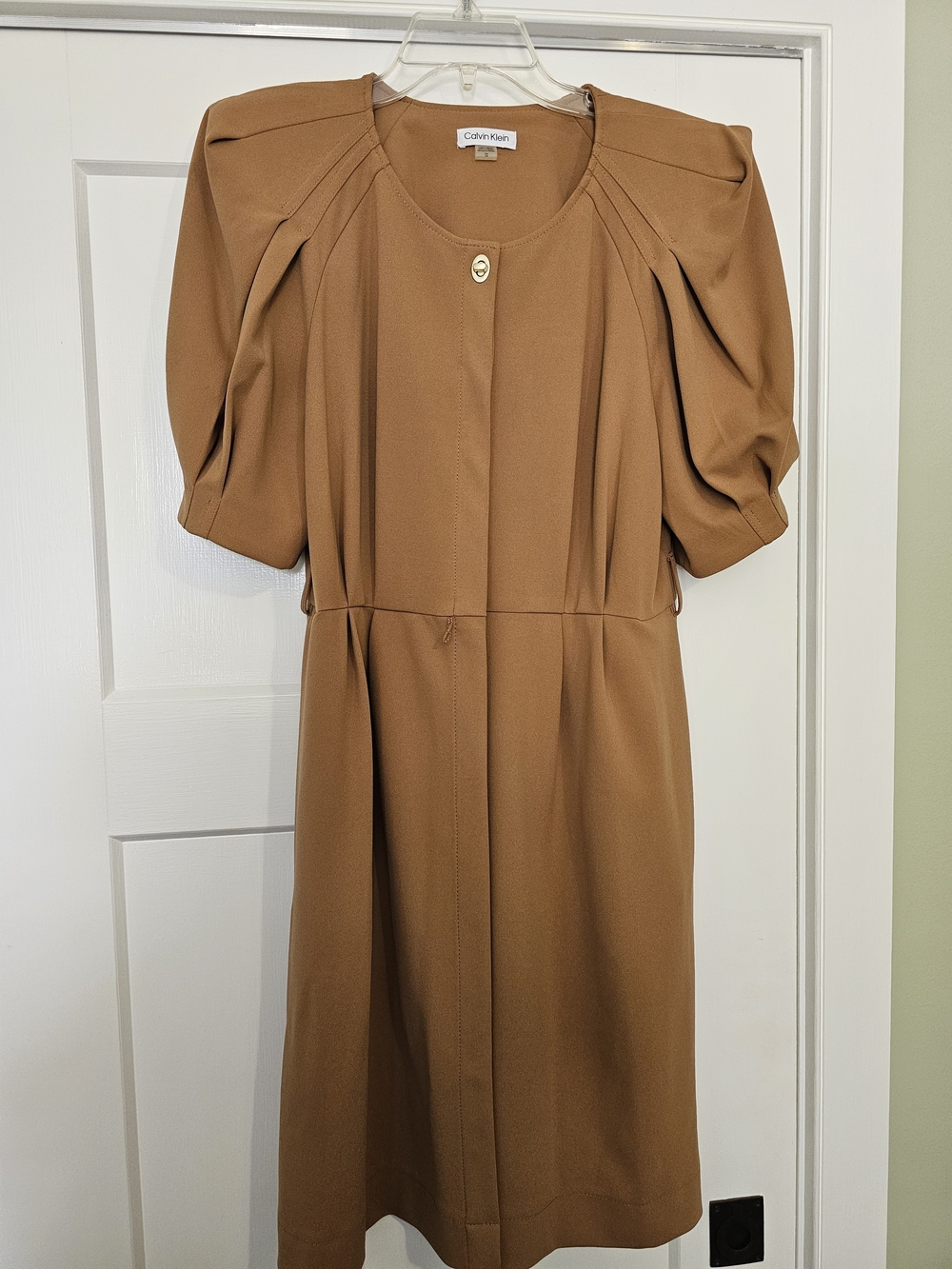 Calvin Klein Camel Puff-Sleeve Midi Dress